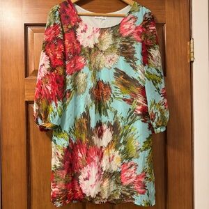 Gabriella Rocha 
Size Large, very short :) 
Sheer dress with slip